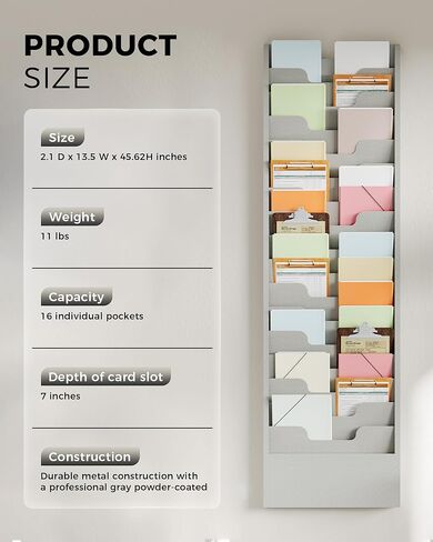 OSKIE Wall-Mount File Organizer, 16 Pockets Document Holder, Metal Construction, Gray White Powder-Coated, 14x3x46H inches in Kuwait
