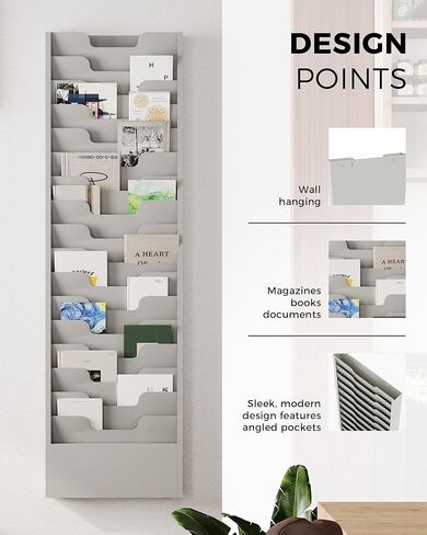 OSKIE Wall-Mount File Organizer, 16 Pockets Document Holder, Metal Construction, Gray White Powder-Coated, 14x3x46H inches in Kuwait