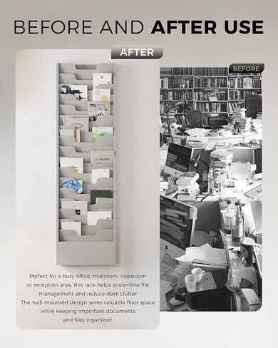 OSKIE Wall-Mount File Organizer, 16 Pockets Document Holder, Metal Construction, Gray White Powder-Coated, 14x3x46H inches in Kuwait