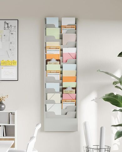 OSKIE Wall-Mount File Organizer, 16 Pockets Document Holder, Metal Construction, Gray White Powder-Coated, 14x3x46H inches in Kuwait