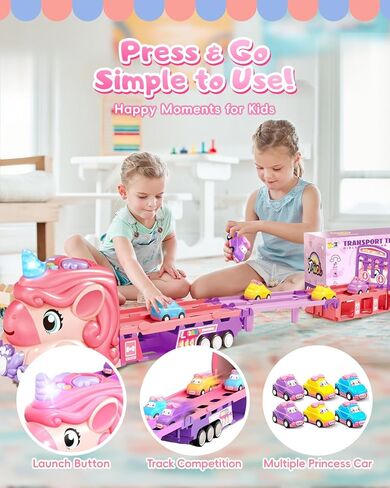 Car Toys for 1 2 3 4 5 6 7 Year Old Toddler Girls | Foldable 2-Lane Race Track | Lights & Sounds | Friction Powered | Mini Princess Cars for Kids & Toddler Girl Toys in Saudi Arabia