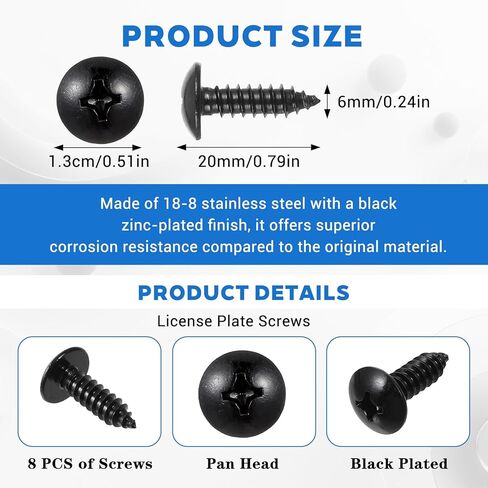 8 Pcs Black License Plate Screws - 18-8 Stainless Steel License Plate Screws - Phillips Pan Head 1/4 Inch Diameter 3/4 Inch Length in Kuwait