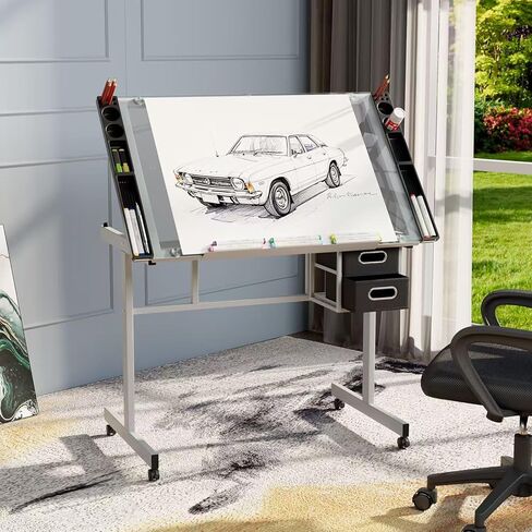 طاولة رسم بارتفاع قابل للتعديل مع سطح زجاجي، مكتب فني للحرف اليدوية مع أدراج منزلقة للتخزين، للرسم والكتابة والرسم والمهام الإبداعية، مثالية للمكتب المنزلي in Saudi Arabia