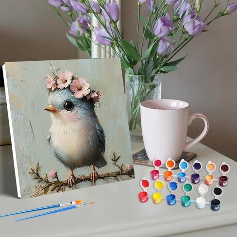 مجموعة مكونة من 4 قطع من طلاء الطيور بالأرقام من كليندو للبالغين المبتدئين مؤطرة - مجموعة طلاء بالأرقام للبالغين DIY على القماش مع إطار، لوحة زيتية صغيرة سهلة الاستخدام من الأكريليك لديكور جدار المنزل (8 × 8 بوصة) in Kuwait