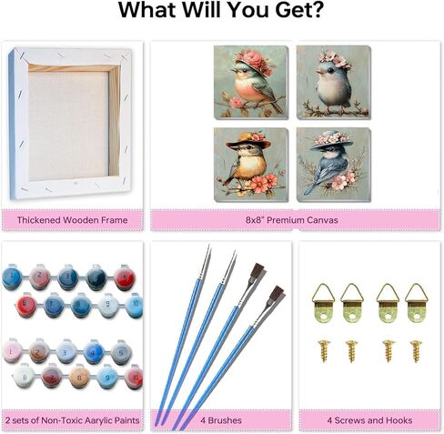 مجموعة مكونة من 4 قطع من طلاء الطيور بالأرقام من كليندو للبالغين المبتدئين مؤطرة - مجموعة طلاء بالأرقام للبالغين DIY على القماش مع إطار، لوحة زيتية صغيرة سهلة الاستخدام من الأكريليك لديكور جدار المنزل (8 × 8 بوصة) in Kuwait