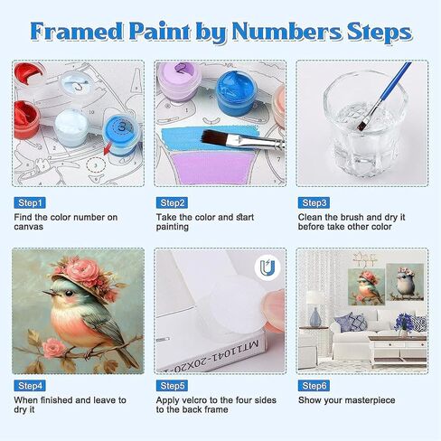 مجموعة مكونة من 4 قطع من طلاء الطيور بالأرقام من كليندو للبالغين المبتدئين مؤطرة - مجموعة طلاء بالأرقام للبالغين DIY على القماش مع إطار، لوحة زيتية صغيرة سهلة الاستخدام من الأكريليك لديكور جدار المنزل (8 × 8 بوصة) in Kuwait