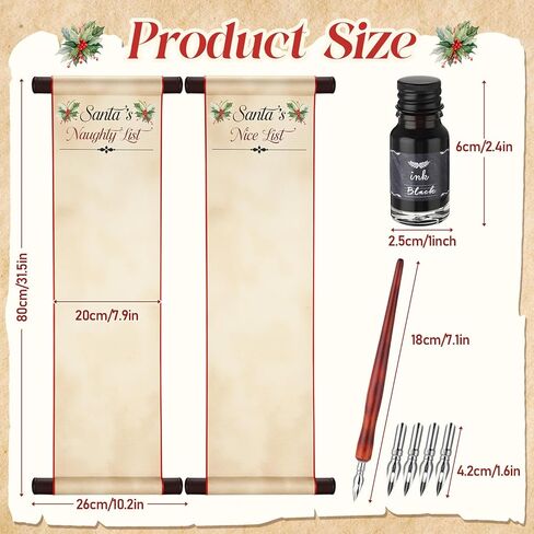9 Pcs Christmas Santa's Naughty, Nice Lists Scroll Set 2 Vintage Christmas Scroll Papers Feather Quill Pen Kit (feather Pen, 5 Nibs, 10ml Ink) for Holiday Decor Cosplay Prop in Saudi Arabia