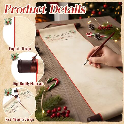 9 Pcs Christmas Santa's Naughty, Nice Lists Scroll Set 2 Vintage Christmas Scroll Papers Feather Quill Pen Kit (feather Pen, 5 Nibs, 10ml Ink) for Holiday Decor Cosplay Prop in Saudi Arabia