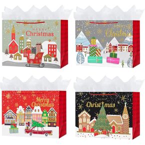 OFIHANLY 4 Pack 14.9" Large Size Merry Christmas Gift Bags with Handles for Xmas Holiday Presents Glitter Paper Wrapping Bag with Tissue Paper in Saudi Arabia