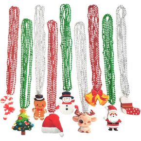 18 Pcs Christmas Beads Necklaces, Metallic Red Silver Green Mardi Gras Beads Necklaces With Cute Xmas tree Snowman Santa Claus Gingbread man Pendants For Christmas Party Decoration in Saudi Arabia