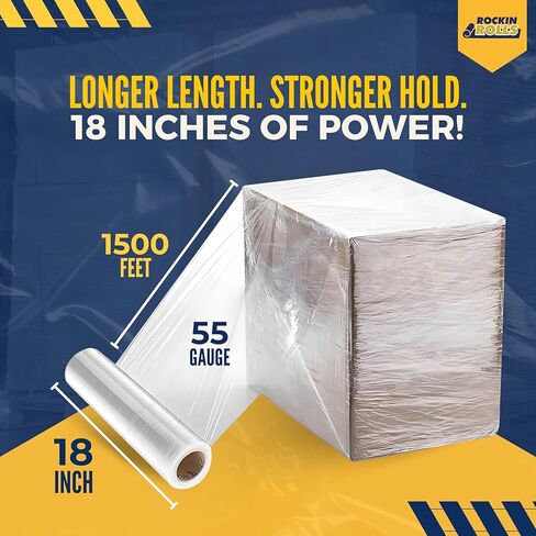 غلاف فيلم مطاطي من Rockin Rolls - مقاس 18 بوصة × 1500 قدم × 55 مقياس، لفة واحدة من غلاف البليت شديد التحمل، غلاف متحرك من البلاستيك الشفاف للتغليف والشحن والأثاث والأمتعة - لفة تغليف متقلصة ذاتية الالتصاق متينة in Saudi Arabia