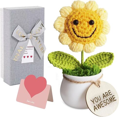 Handmade Positive Sunflower Potted Plant Crochet with Premium Gift Box and Wooden Tag,Birthday Gifts for Women Men Presents,Unique Hand-Crafted Gift for Home and Office Desk Decor in Saudi Arabia