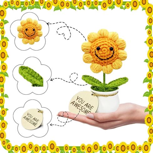 Handmade Positive Sunflower Potted Plant Crochet with Premium Gift Box and Wooden Tag,Birthday Gifts for Women Men Presents,Unique Hand-Crafted Gift for Home and Office Desk Decor in Saudi Arabia