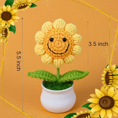 Handmade Positive Sunflower Potted Plant Crochet with Premium Gift Box and Wooden Tag,Birthday Gifts for Women Men Presents,Unique Hand-Crafted Gift for Home and Office Desk Decor in Saudi Arabia