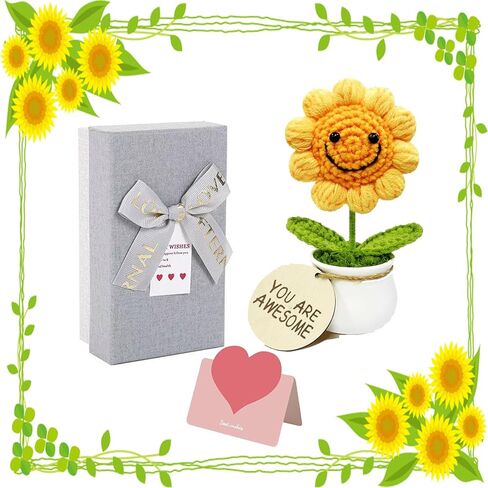Handmade Positive Sunflower Potted Plant Crochet with Premium Gift Box and Wooden Tag,Birthday Gifts for Women Men Presents,Unique Hand-Crafted Gift for Home and Office Desk Decor in Saudi Arabia