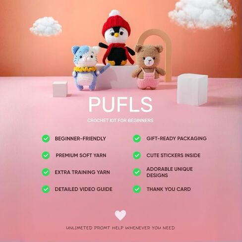 PUFLS Penguin Crochet Kit for Beginners Kids, Beginner Crochet Kit for Adults and Kids with Video Tutorials, Crochet Kits with Mini Crochet Animals, Knitting Kit for Beginners and Cute Crocheting Kit in Saudi Arabia
