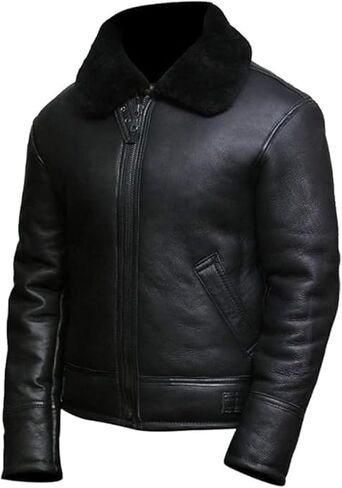 Premium Leather Shearling Bomber Jacket, Black with Beige Fur Collar, Winter Flight Aviator Style in Saudi Arabia