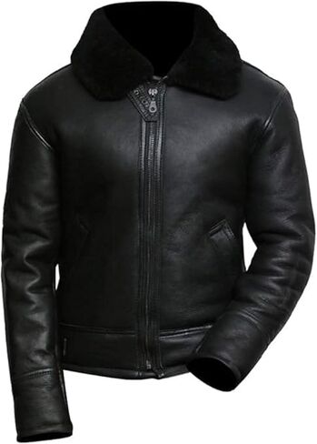 Premium Leather Shearling Bomber Jacket, Black with Beige Fur Collar, Winter Flight Aviator Style in Saudi Arabia