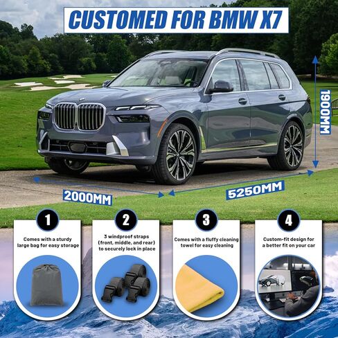 غطاء سيارة SUV كبير مناسب لسيارة BMW X7 (2018-2025) مقاوم للماء في جميع الأحوال الجوية للسيارات، غطاء خارجي كامل للمطر والشمس والثلج وحماية من الأشعة فوق البنفسجية. in Saudi Arabia
