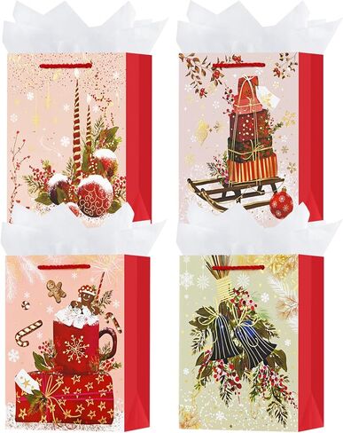 OFIHANLY 4 Pack 9" Small Size Christmas Gift Bags with Handles for Xmas Holiday Presents Chic Paper Wrapping Bag with Tissue Paper for Kids in Saudi Arabia