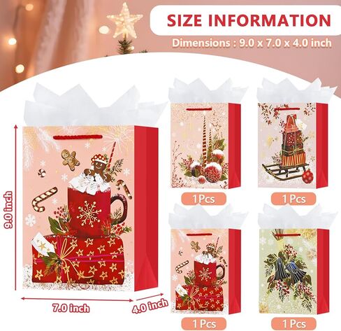 OFIHANLY 4 Pack 9" Small Size Christmas Gift Bags with Handles for Xmas Holiday Presents Chic Paper Wrapping Bag with Tissue Paper for Kids in Saudi Arabia
