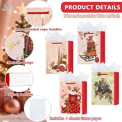 OFIHANLY 4 Pack 9" Small Size Christmas Gift Bags with Handles for Xmas Holiday Presents Chic Paper Wrapping Bag with Tissue Paper for Kids in Saudi Arabia