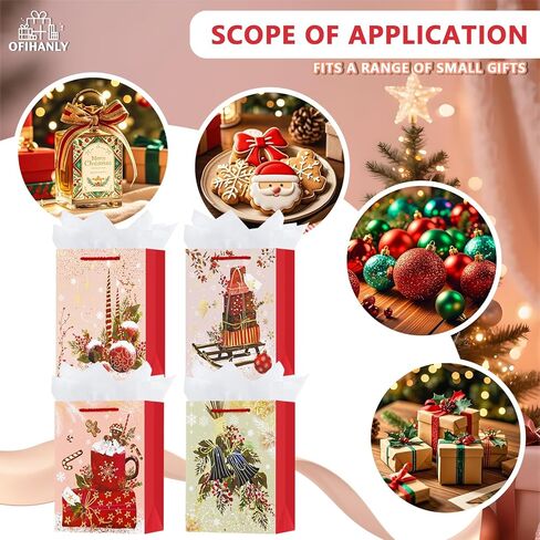 OFIHANLY 4 Pack 9" Small Size Christmas Gift Bags with Handles for Xmas Holiday Presents Chic Paper Wrapping Bag with Tissue Paper for Kids in Saudi Arabia