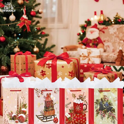 OFIHANLY 4 Pack 9" Small Size Christmas Gift Bags with Handles for Xmas Holiday Presents Chic Paper Wrapping Bag with Tissue Paper for Kids in Saudi Arabia