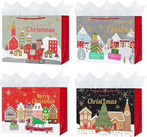 OFIHANLY 4 Pack 14.9" Large Size Merry Christmas Gift Bags with Handles for Xmas Holiday Presents Glitter Paper Wrapping Bag with Tissue Paper in Saudi Arabia