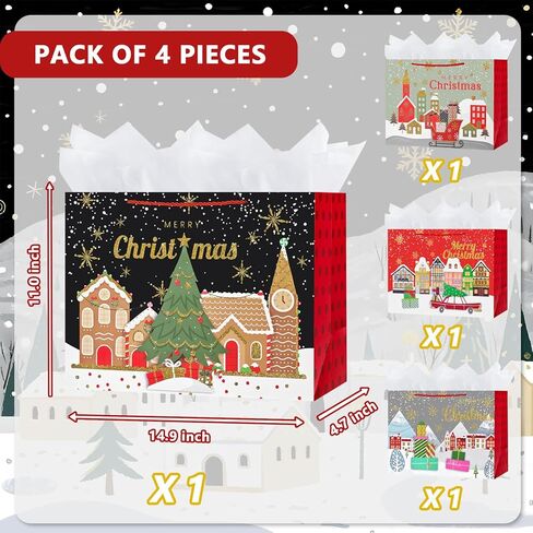 OFIHANLY 4 Pack 14.9" Large Size Merry Christmas Gift Bags with Handles for Xmas Holiday Presents Glitter Paper Wrapping Bag with Tissue Paper in Saudi Arabia