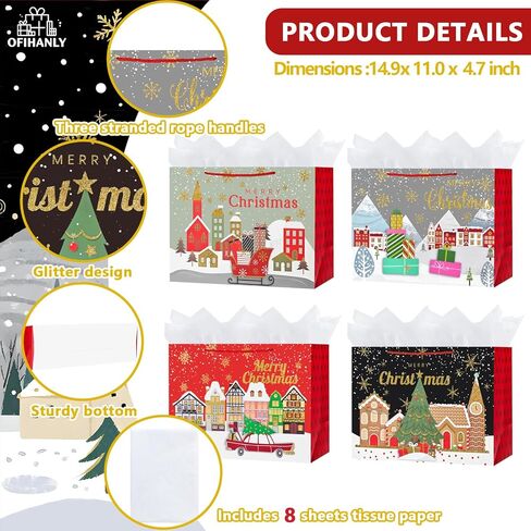 OFIHANLY 4 Pack 14.9" Large Size Merry Christmas Gift Bags with Handles for Xmas Holiday Presents Glitter Paper Wrapping Bag with Tissue Paper in Saudi Arabia