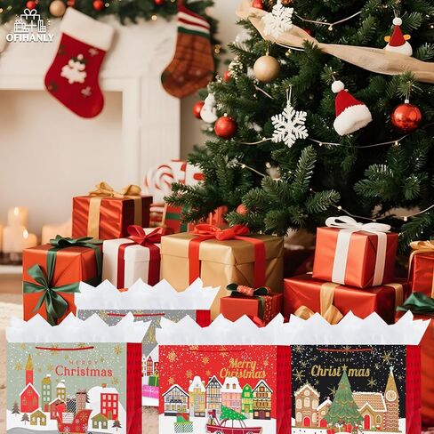 OFIHANLY 4 Pack 14.9" Large Size Merry Christmas Gift Bags with Handles for Xmas Holiday Presents Glitter Paper Wrapping Bag with Tissue Paper in Saudi Arabia