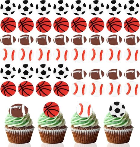 48pcs Cupcake Toppers, Funny Basketball Softball Rugby Football Soccer Cupcake Rings Sports Themed Birthday Cake Decorations Suitable for Kids Adults Birthday Party in Saudi Arabia