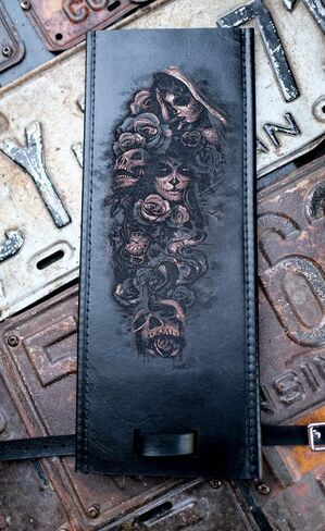 مريلة لوحة خزان الغاز من الجلد الأسود من The Dirty Gringo Day of Dead Dia De Muertos مريلة Harley Davidson Pre 99 Split Tank in Kuwait