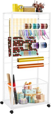 Dfmyhked 16-Tier Ribbon Holder Organizer Rack, Heavy Duty Ribbon Storage Holder with Locking Wheels, Multifunctional Flower Wrapping Paper Storage Stand for Fabrics, Supplies (White) in Saudi Arabia