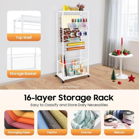 Dfmyhked 16-Tier Ribbon Holder Organizer Rack, Heavy Duty Ribbon Storage Holder with Locking Wheels, Multifunctional Flower Wrapping Paper Storage Stand for Fabrics, Supplies (White) in Saudi Arabia