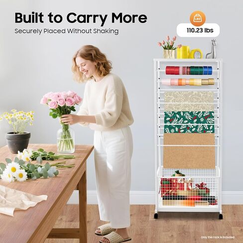 Dfmyhked 16-Tier Ribbon Holder Organizer Rack, Heavy Duty Ribbon Storage Holder with Locking Wheels, Multifunctional Flower Wrapping Paper Storage Stand for Fabrics, Supplies (White) in Saudi Arabia