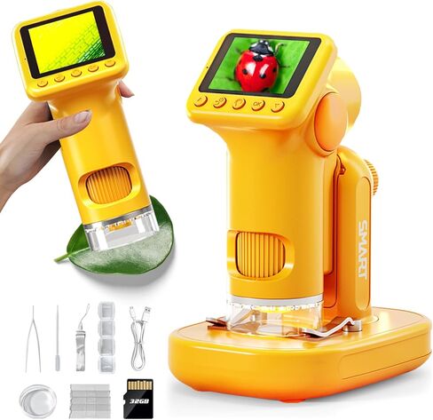 2025 مجهر محمول 1600X مطور للأطفال، مجهر جيب صغير قابل لإعادة الشحن بشاشة 2.0 بوصة مع شرائح، هدية تعليمية محمولة للعلوم والتكنولوجيا والهندسة والرياضيات للأطفال من سن 8 إلى 12 عامًا، تتضمن بطاقة TF سعة 32 جيجابايت، أصفر in Kuwait