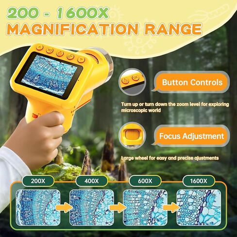 2025 مجهر محمول 1600X مطور للأطفال، مجهر جيب صغير قابل لإعادة الشحن بشاشة 2.0 بوصة مع شرائح، هدية تعليمية محمولة للعلوم والتكنولوجيا والهندسة والرياضيات للأطفال من سن 8 إلى 12 عامًا، تتضمن بطاقة TF سعة 32 جيجابايت، أصفر in Kuwait