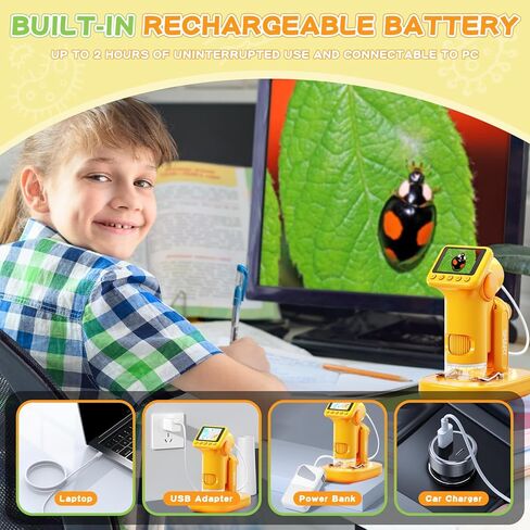 2025 مجهر محمول 1600X مطور للأطفال، مجهر جيب صغير قابل لإعادة الشحن بشاشة 2.0 بوصة مع شرائح، هدية تعليمية محمولة للعلوم والتكنولوجيا والهندسة والرياضيات للأطفال من سن 8 إلى 12 عامًا، تتضمن بطاقة TF سعة 32 جيجابايت، أصفر in Kuwait