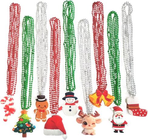 18 Pcs Christmas Beads Necklaces, Metallic Red Silver Green Mardi Gras Beads Necklaces With Cute Xmas tree Snowman Santa Claus Gingbread man Pendants For Christmas Party Decoration in Saudi Arabia