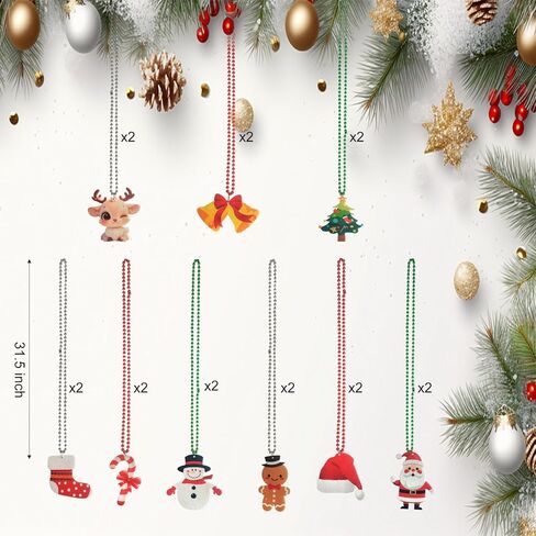 18 Pcs Christmas Beads Necklaces, Metallic Red Silver Green Mardi Gras Beads Necklaces With Cute Xmas tree Snowman Santa Claus Gingbread man Pendants For Christmas Party Decoration in Saudi Arabia