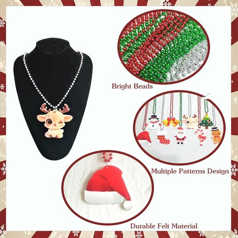 18 Pcs Christmas Beads Necklaces, Metallic Red Silver Green Mardi Gras Beads Necklaces With Cute Xmas tree Snowman Santa Claus Gingbread man Pendants For Christmas Party Decoration in Saudi Arabia