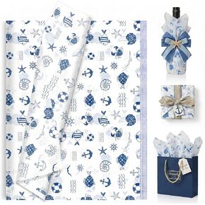 100 ورقة مقاس 20 × 14 بوصة من مناديل المحيط - ورق تغليف زخرفي مطبوع باللونين الأزرق والكحلي لسمك القرش ونجم البحر لحقائب الهدايا والحرف اليدوية وديكور الحفلات in Kuwait