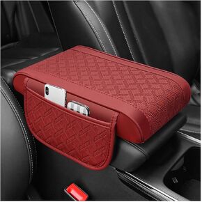 Car Center Console Cover, Leather Armrest Storage Box Cushion Pad with Side Storage Pocket, Comfortable Automotive Middle Console Protector, Compatible with Most Vehicle (Black/Red in Kuwait
