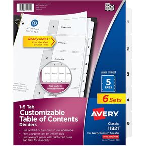 Avery 5 Tab Dividers for 3 Ring Binders, Customizable Table of Contents, Classic White Tabs, 3 Sets (11075) in Kuwait