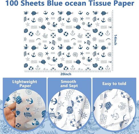 100 ورقة مقاس 20 × 14 بوصة من مناديل المحيط - ورق تغليف زخرفي مطبوع باللونين الأزرق والكحلي لسمك القرش ونجم البحر لحقائب الهدايا والحرف اليدوية وديكور الحفلات in Kuwait