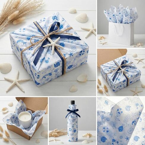 100 ورقة مقاس 20 × 14 بوصة من مناديل المحيط - ورق تغليف زخرفي مطبوع باللونين الأزرق والكحلي لسمك القرش ونجم البحر لحقائب الهدايا والحرف اليدوية وديكور الحفلات in Kuwait