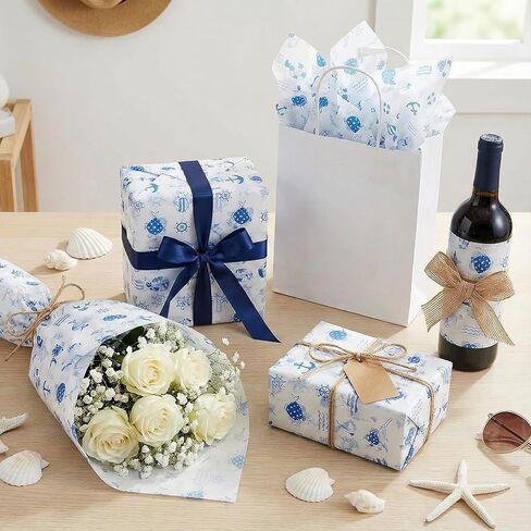 100 ورقة مقاس 20 × 14 بوصة من مناديل المحيط - ورق تغليف زخرفي مطبوع باللونين الأزرق والكحلي لسمك القرش ونجم البحر لحقائب الهدايا والحرف اليدوية وديكور الحفلات in Kuwait