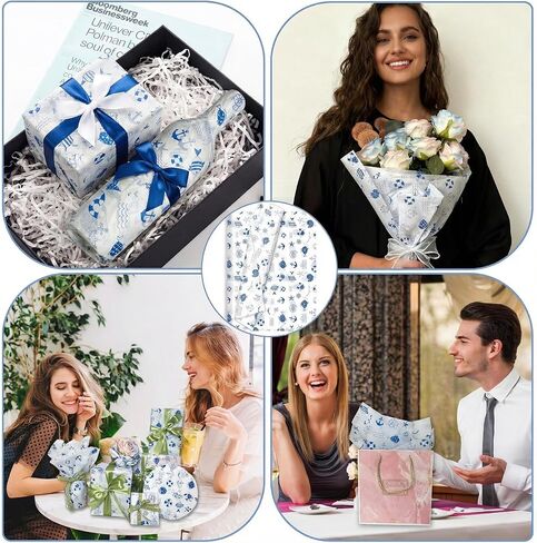 100 ورقة مقاس 20 × 14 بوصة من مناديل المحيط - ورق تغليف زخرفي مطبوع باللونين الأزرق والكحلي لسمك القرش ونجم البحر لحقائب الهدايا والحرف اليدوية وديكور الحفلات in Kuwait